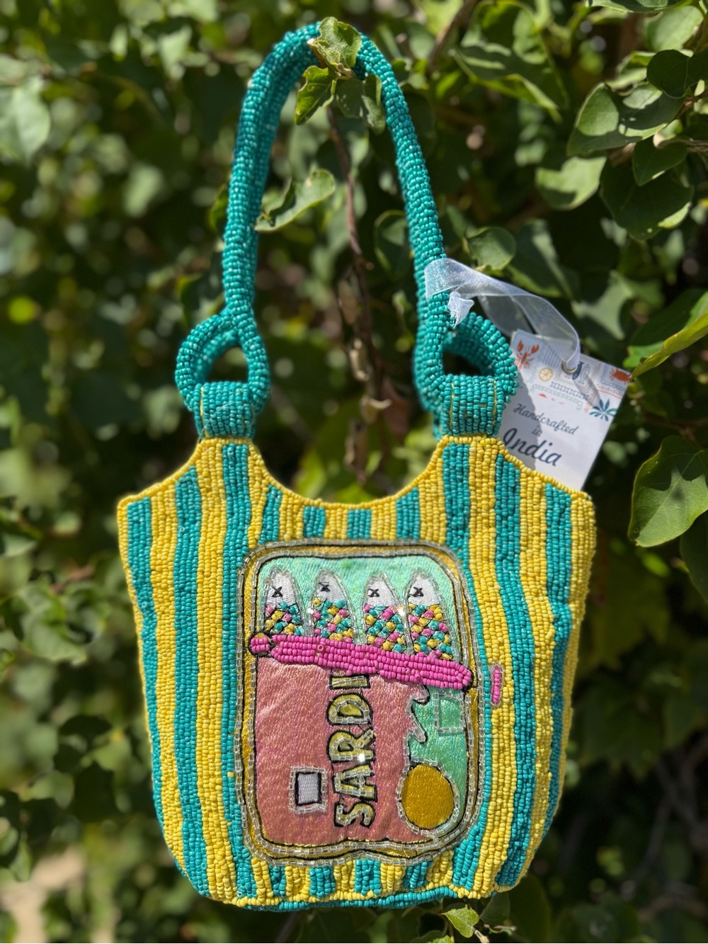 NWT Made in India Sardine Tin Blue Teal Yellow Striped Beaded Bag New Design